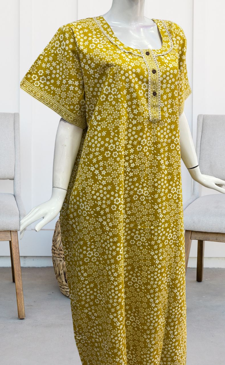 Yellow Tiny Floral Pure Cotton Nighty. Pure Durable Cotton | Laces and Frills - Laces and Frills