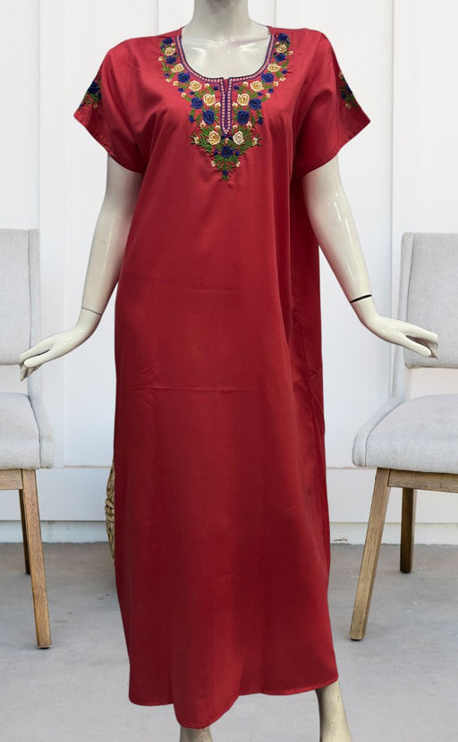 Peach Embroidery Soft Cotton Nighty. Soft Breathable Fabric | Laces and Frills - Laces and Frills