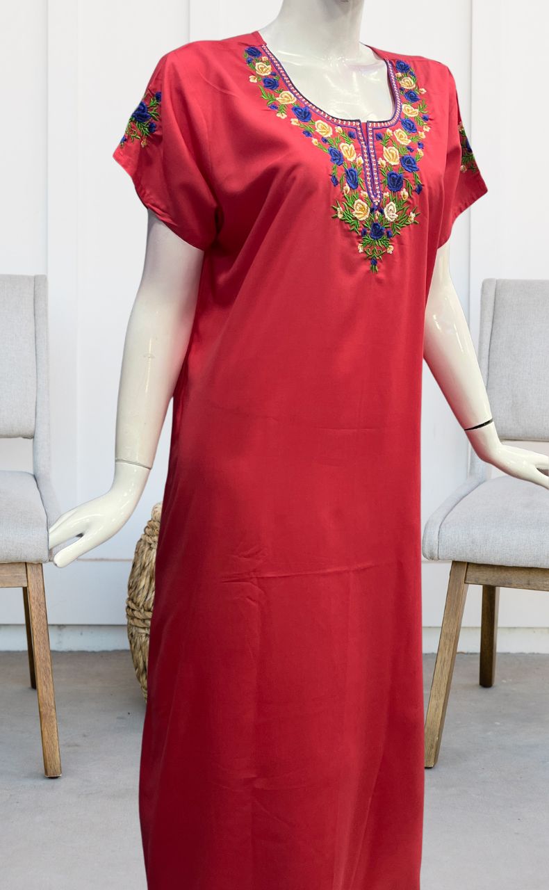 Peach Embroidery Soft Cotton Nighty. Soft Breathable Fabric | Laces and Frills - Laces and Frills