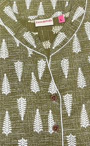 Olive Green Leafy Sleeveless Pure Cotton Nighty. Pure Durable Cotton | Laces and Frills - Laces and Frills