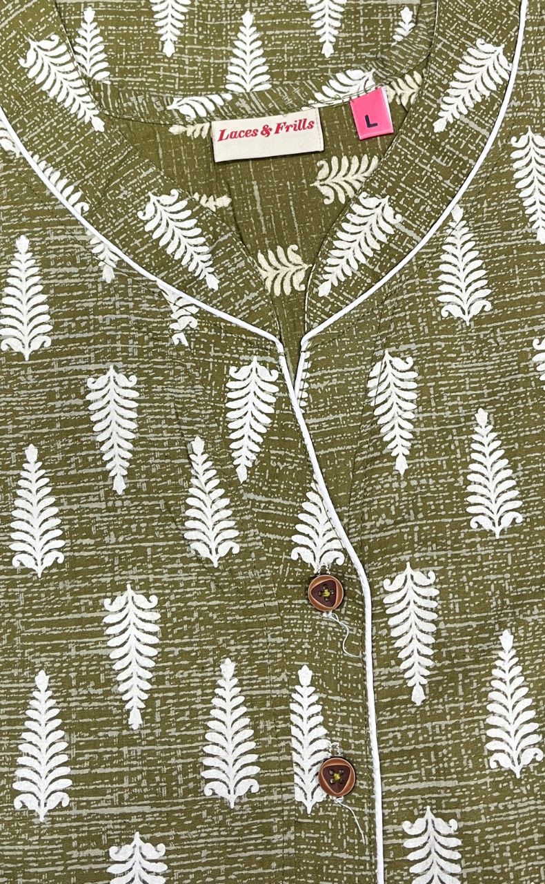 Olive Green Leafy Sleeveless Pure Cotton Nighty. Pure Durable Cotton | Laces and Frills - Laces and Frills