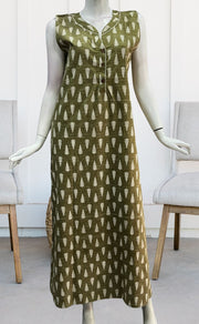 Olive Green Leafy Sleeveless Pure Cotton Nighty. Pure Durable Cotton | Laces and Frills - Laces and Frills
