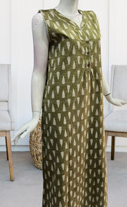 Olive Green Leafy Sleeveless Pure Cotton Nighty. Pure Durable Cotton | Laces and Frills - Laces and Frills