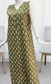 Olive Green Leafy Sleeveless Pure Cotton Nighty. Pure Durable Cotton | Laces and Frills - Laces and Frills