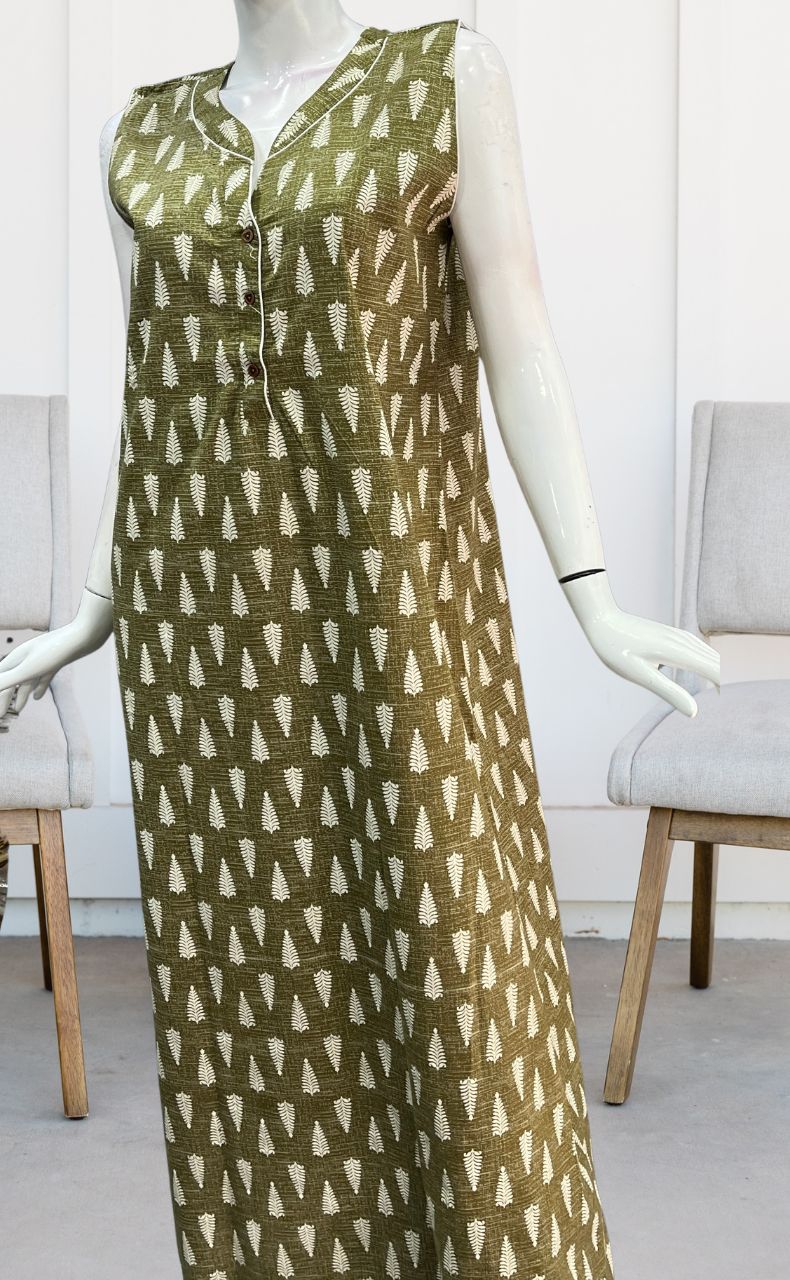 Olive Green Leafy Sleeveless Pure Cotton Nighty. Pure Durable Cotton | Laces and Frills - Laces and Frills