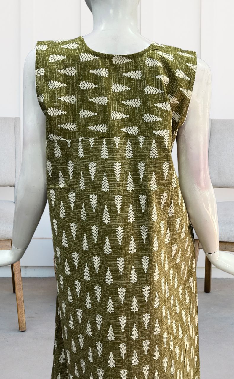 Olive Green Leafy Sleeveless Pure Cotton Nighty. Pure Durable Cotton | Laces and Frills - Laces and Frills