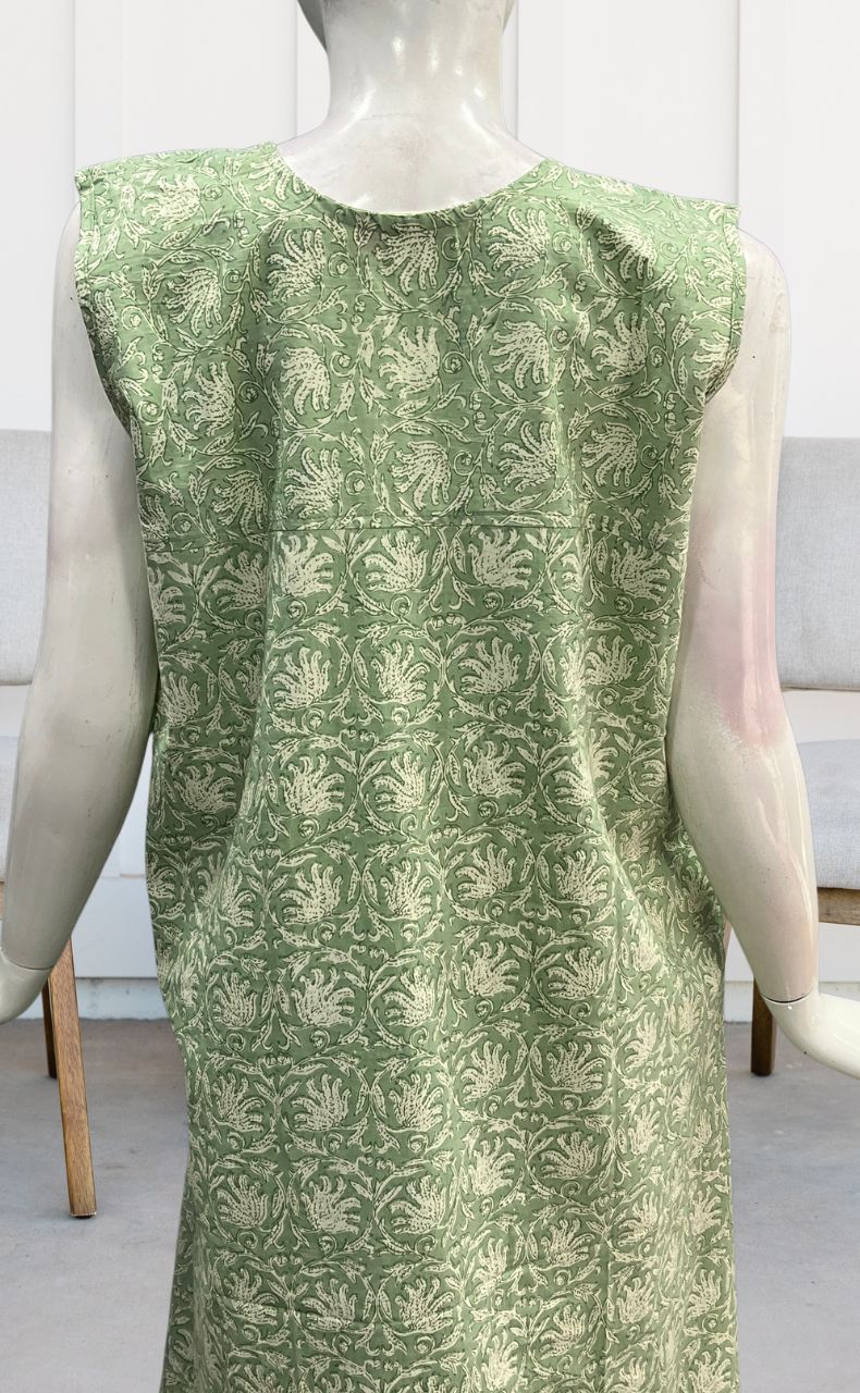 Pista Green Garden Sleeveless Pure Cotton Nighty. Pure Durable Cotton | Laces and Frills - Laces and Frills