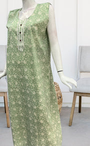 Pista Green Garden Sleeveless Pure Cotton Nighty. Pure Durable Cotton | Laces and Frills - Laces and Frills
