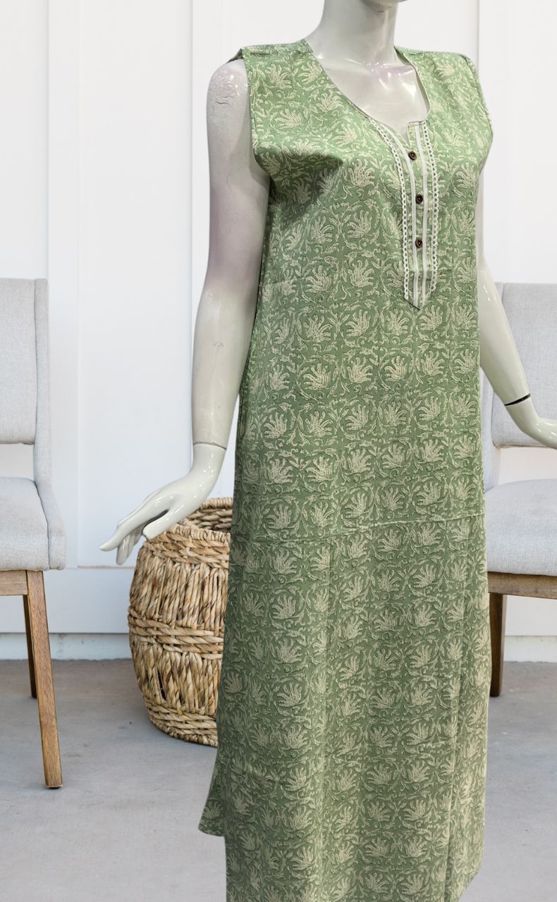 Pista Green Garden Sleeveless Pure Cotton Nighty. Pure Durable Cotton | Laces and Frills - Laces and Frills