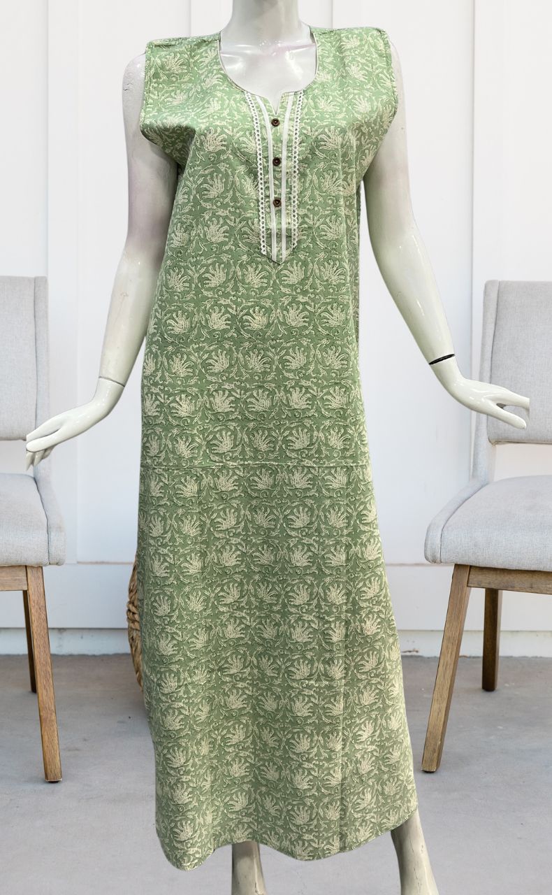 Pista Green Garden Sleeveless Pure Cotton Nighty. Pure Durable Cotton | Laces and Frills - Laces and Frills