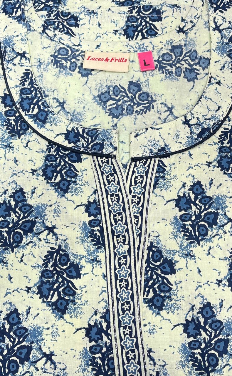 Off White/Blue Floral Sleeveless Pure Cotton Nighty. Pure Durable Cotton | Laces and Frills - Laces and Frills