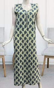 Off White/Blue Floral Sleeveless Pure Cotton Nighty. Pure Durable Cotton | Laces and Frills - Laces and Frills