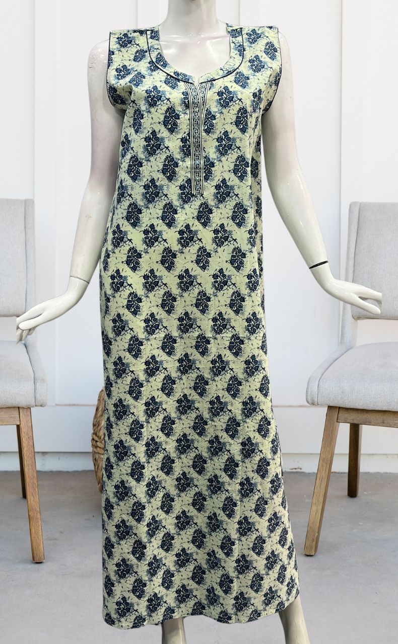 Off White/Blue Floral Sleeveless Pure Cotton Nighty. Pure Durable Cotton | Laces and Frills - Laces and Frills