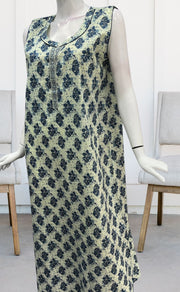 Off White/Blue Floral Sleeveless Pure Cotton Nighty. Pure Durable Cotton | Laces and Frills - Laces and Frills