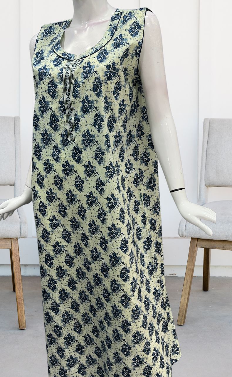 Off White/Blue Floral Sleeveless Pure Cotton Nighty. Pure Durable Cotton | Laces and Frills - Laces and Frills