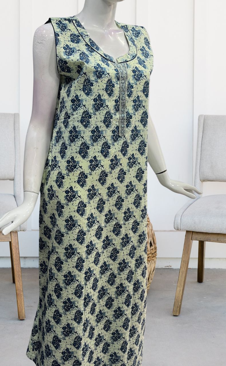 Off White/Blue Floral Sleeveless Pure Cotton Nighty. Pure Durable Cotton | Laces and Frills - Laces and Frills