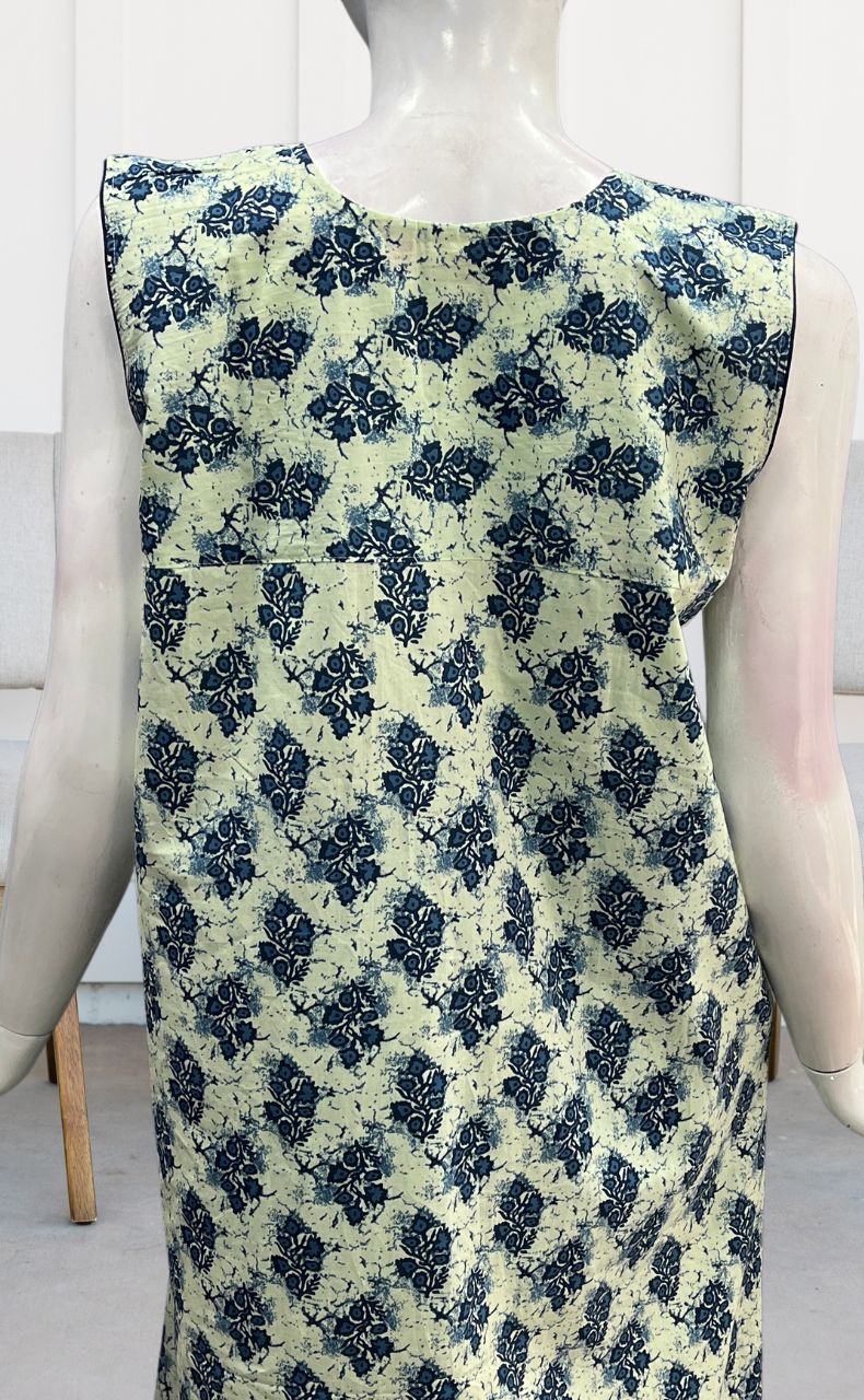 Off White/Blue Floral Sleeveless Pure Cotton Nighty. Pure Durable Cotton | Laces and Frills - Laces and Frills