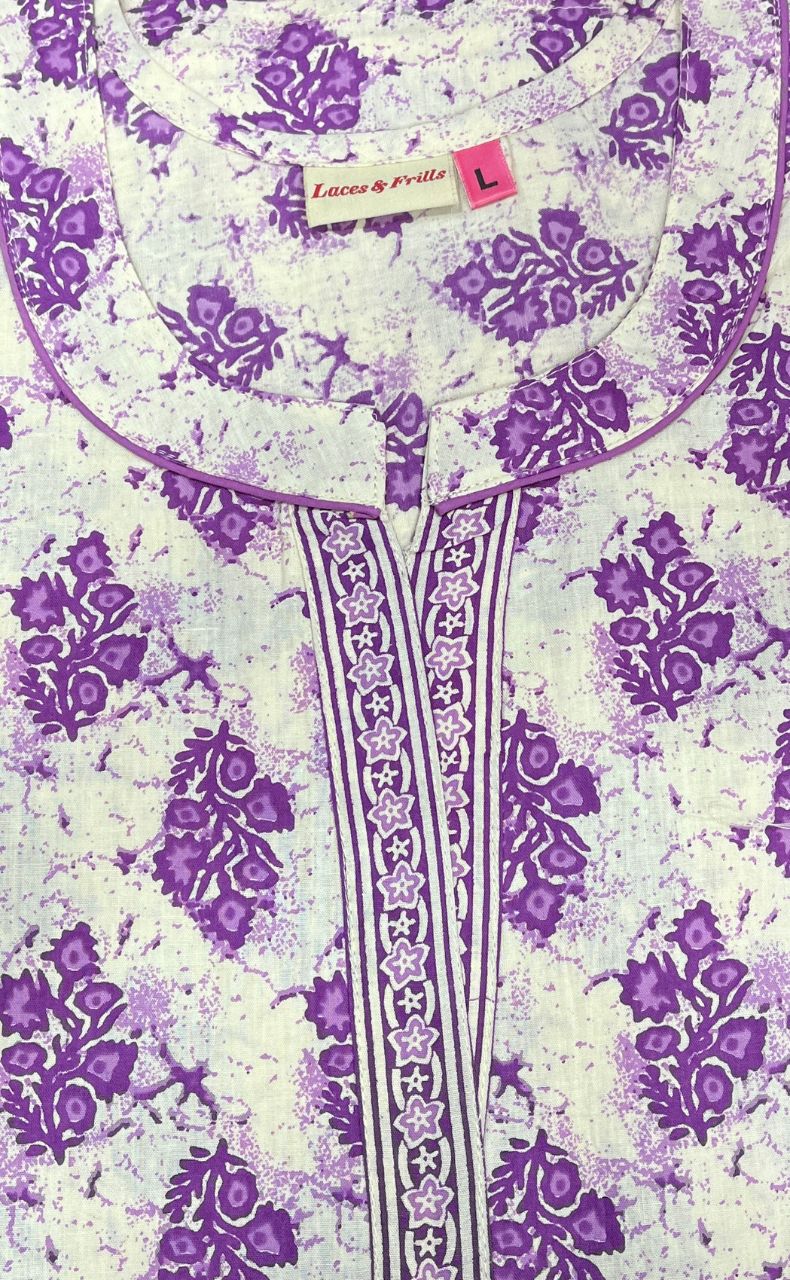Off White/Lavender Floral Sleeveless Pure Cotton Nighty. Pure Durable Cotton | Laces and Frills - Laces and Frills