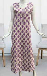 Off White/Lavender Floral Sleeveless Pure Cotton Nighty. Pure Durable Cotton | Laces and Frills - Laces and Frills