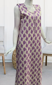 Off White/Lavender Floral Sleeveless Pure Cotton Nighty. Pure Durable Cotton | Laces and Frills - Laces and Frills