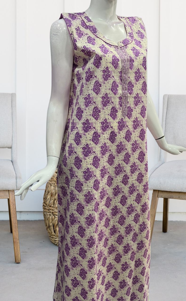 Off White/Lavender Floral Sleeveless Pure Cotton Nighty. Pure Durable Cotton | Laces and Frills - Laces and Frills