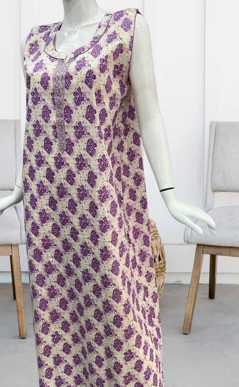 Off White/Lavender Floral Sleeveless Pure Cotton Nighty. Pure Durable Cotton | Laces and Frills - Laces and Frills