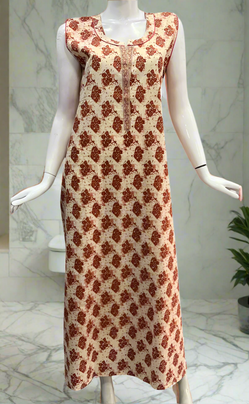 Off White/Rust Maroon Floral Sleeveless Pure Cotton Nighty. Pure Durable Cotton | Laces and Frills