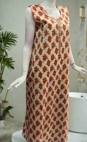 Off White/Rust Maroon Floral Sleeveless Pure Cotton Nighty. Pure Durable Cotton | Laces and Frills