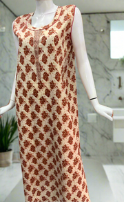 Off White/Rust Maroon Floral Sleeveless Pure Cotton Nighty. Pure Durable Cotton | Laces and Frills