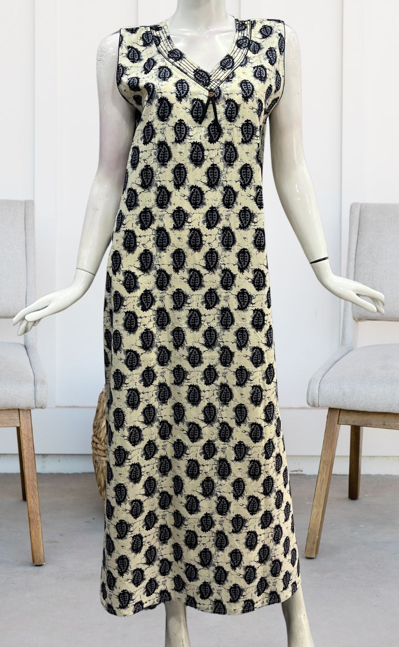 Off White/Black Manga Motif Sleeveless Pure Cotton Nighty. Pure Durable Cotton | Laces and Frills - Laces and Frills