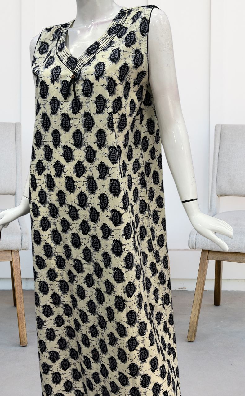 Off White/Black Manga Motif Sleeveless Pure Cotton Nighty. Pure Durable Cotton | Laces and Frills - Laces and Frills