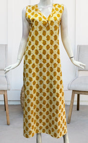 Off White/Yellow Manga Motif Sleeveless Pure Cotton Nighty. Pure Durable Cotton | Laces and Frills - Laces and Frills