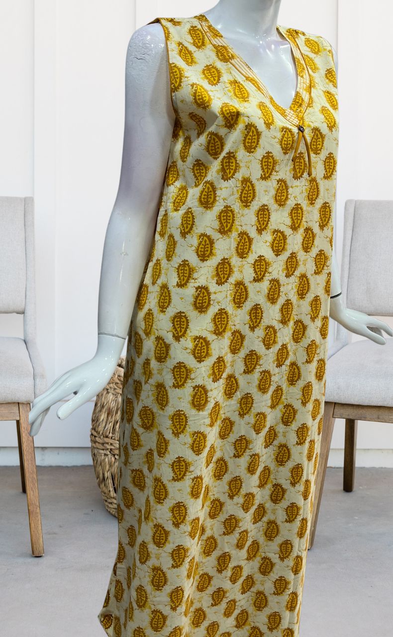 Off White/Yellow Manga Motif Sleeveless Pure Cotton Nighty. Pure Durable Cotton | Laces and Frills - Laces and Frills