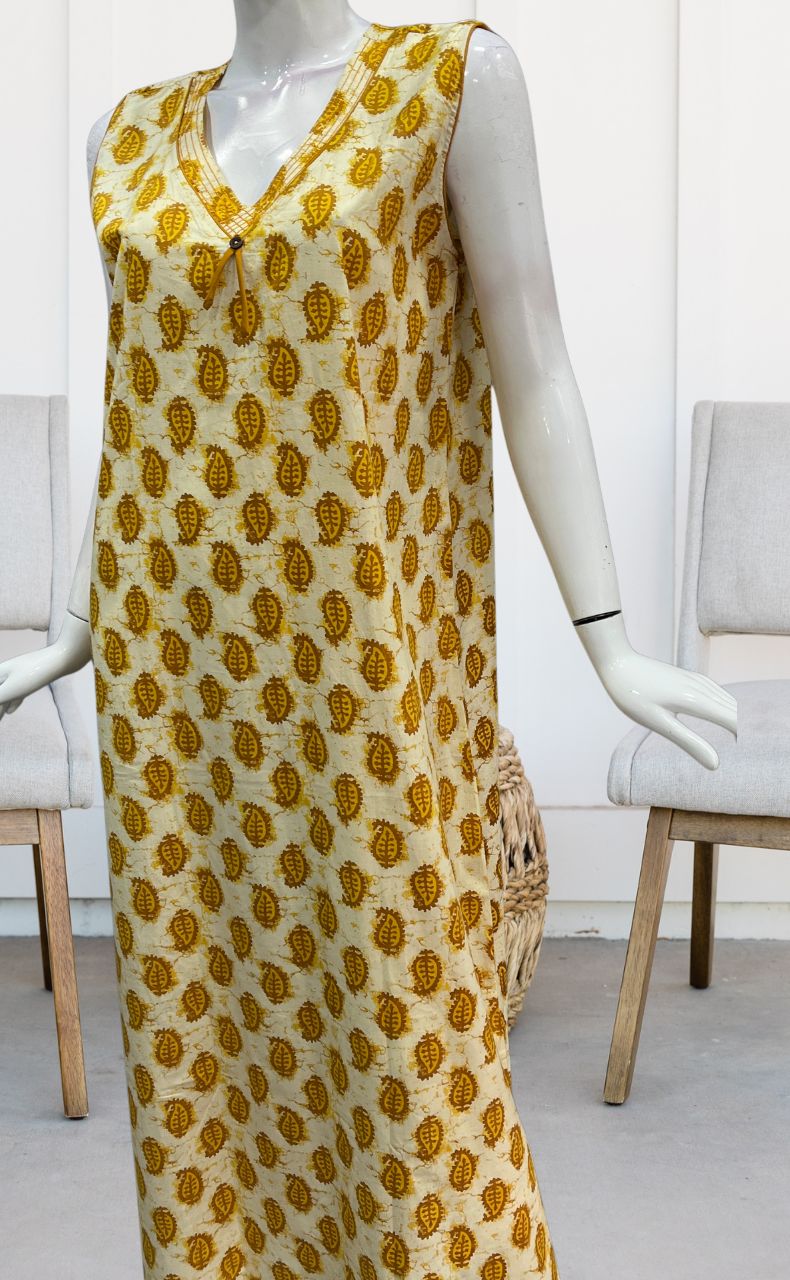 Off White/Yellow Manga Motif Sleeveless Pure Cotton Nighty. Pure Durable Cotton | Laces and Frills - Laces and Frills