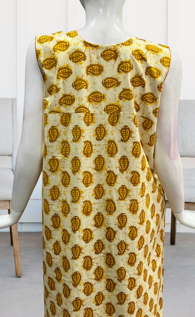 Off White/Yellow Manga Motif Sleeveless Pure Cotton Nighty. Pure Durable Cotton | Laces and Frills - Laces and Frills