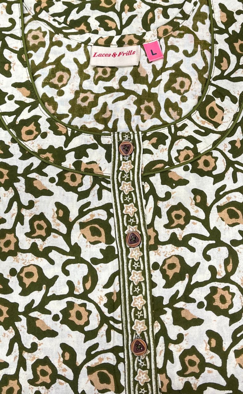 Off White/Green Garden Sleeveless Pure Cotton Nighty. Pure Durable Cotton | Laces and Frills - Laces and Frills