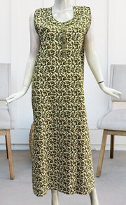 Off White/Green Garden Sleeveless Pure Cotton Nighty. Pure Durable Cotton | Laces and Frills - Laces and Frills