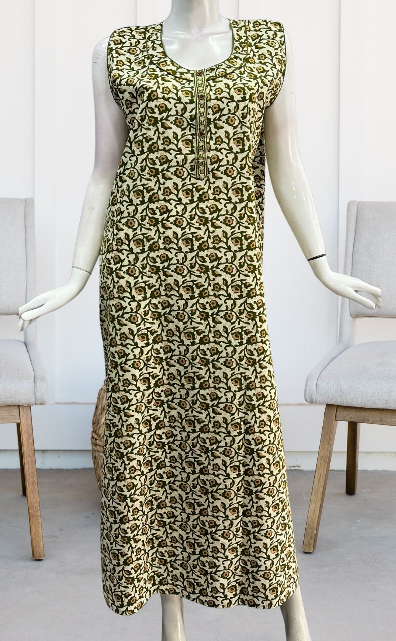 Off White/Green Garden Sleeveless Pure Cotton Nighty. Pure Durable Cotton | Laces and Frills - Laces and Frills