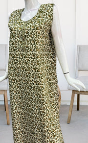 Off White/Green Garden Sleeveless Pure Cotton Nighty. Pure Durable Cotton | Laces and Frills - Laces and Frills