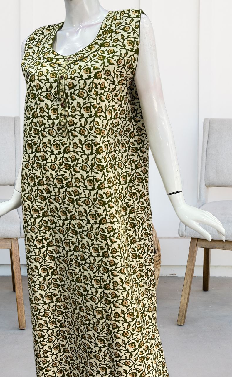 Off White/Green Garden Sleeveless Pure Cotton Nighty. Pure Durable Cotton | Laces and Frills - Laces and Frills