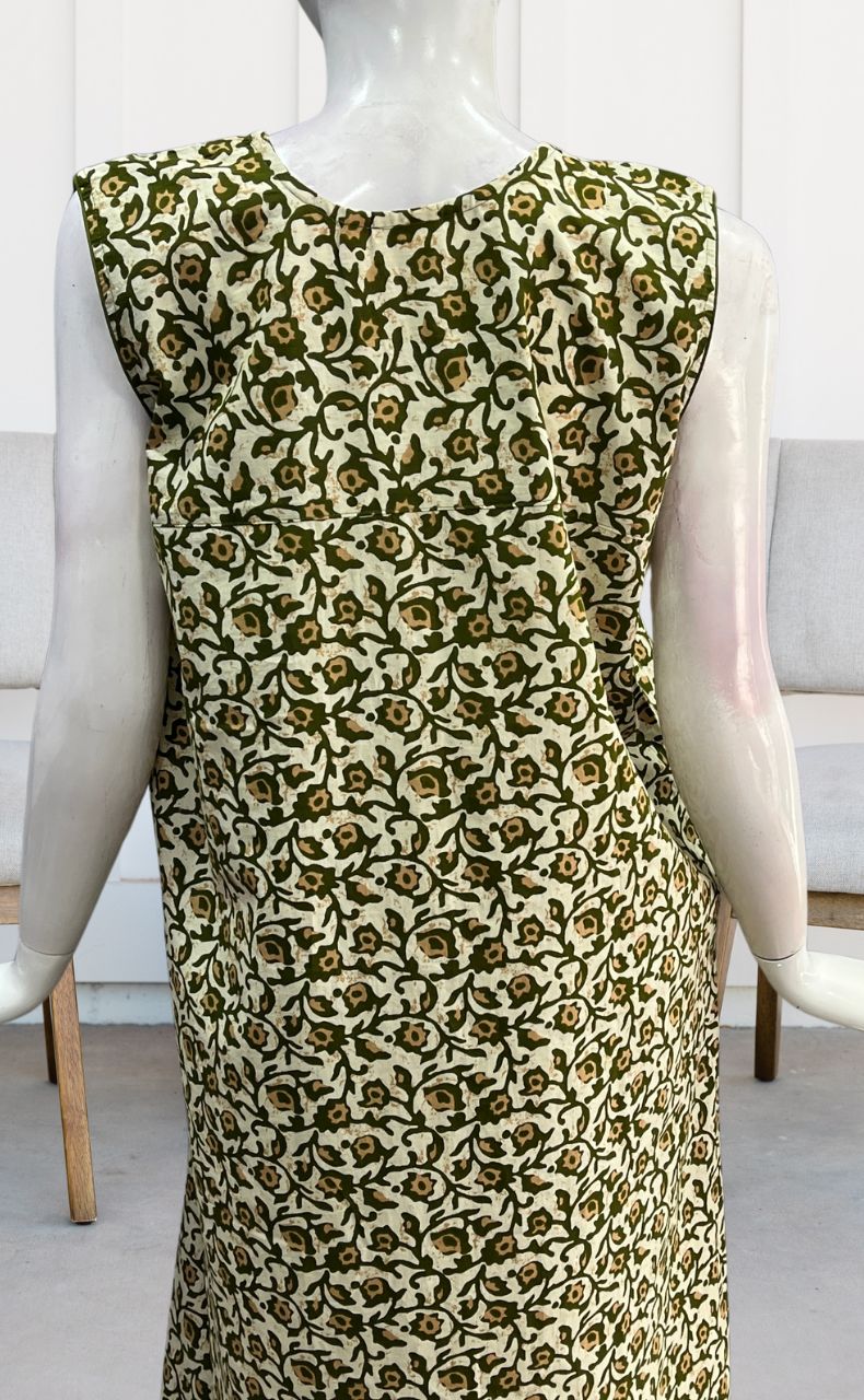 Off White/Green Garden Sleeveless Pure Cotton Nighty. Pure Durable Cotton | Laces and Frills - Laces and Frills