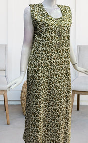 Off White/Green Garden Sleeveless Pure Cotton Nighty. Pure Durable Cotton | Laces and Frills - Laces and Frills