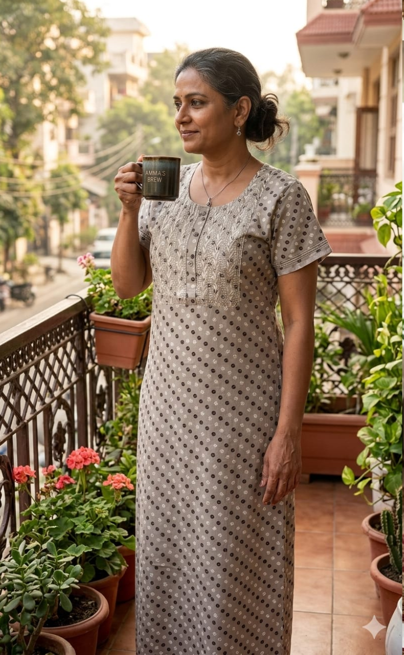 Grey Embroidery Soft Cotton Nighty. Soft Breathable Fabric | Laces and Frills - Laces and Frills