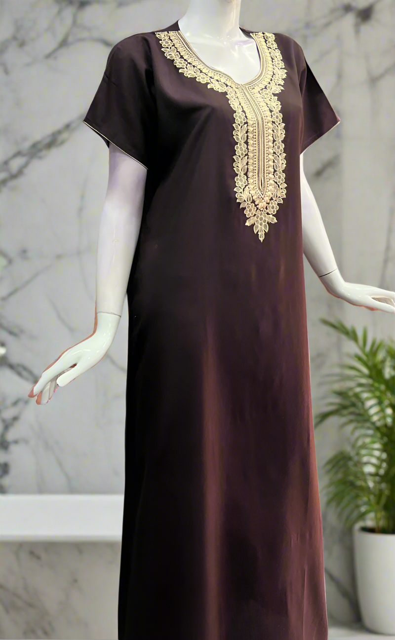 Brown Embroidery Soft Cotton Nighty. Soft Breathable Fabric | Laces and Frills