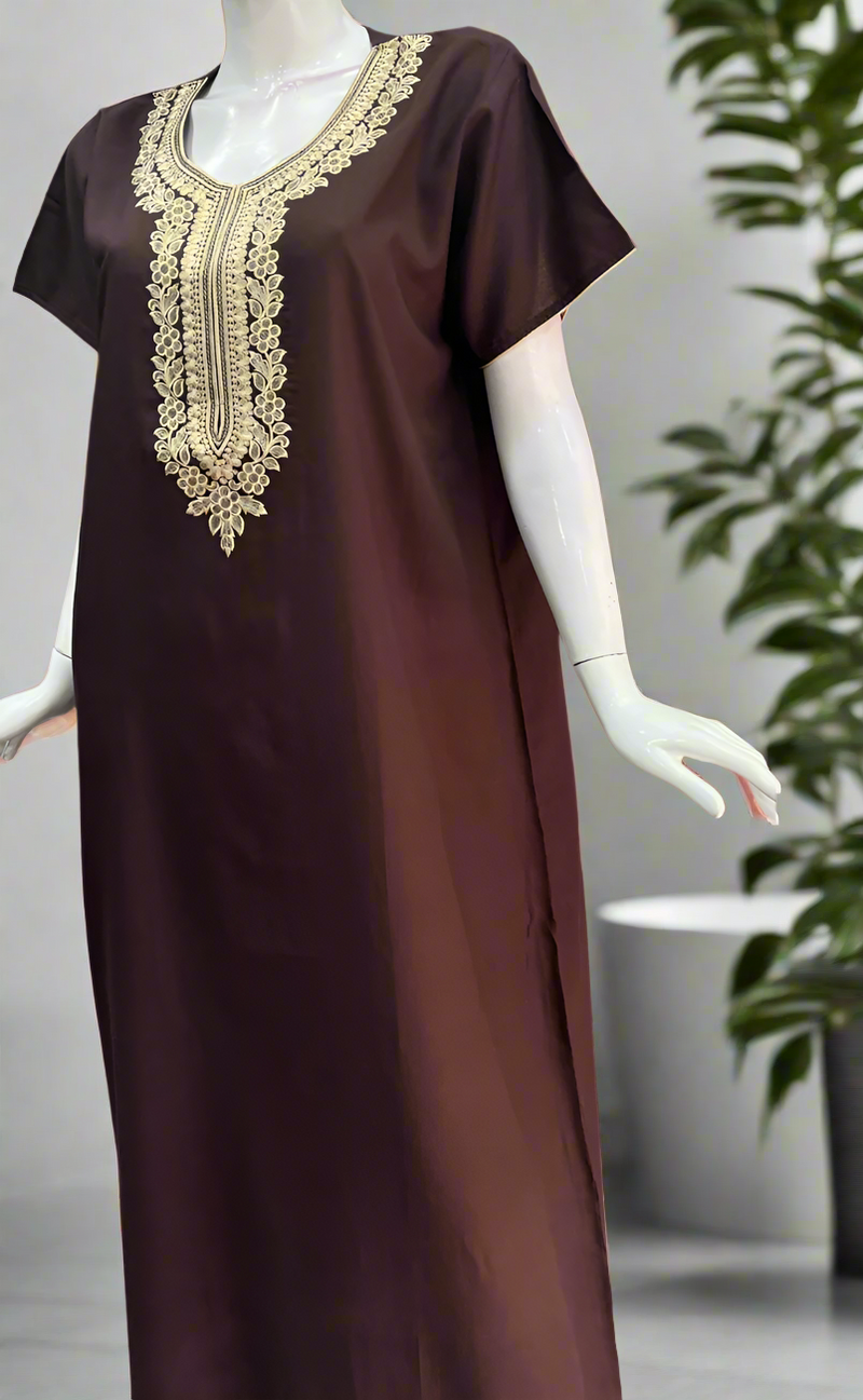 Brown Embroidery Soft Cotton Nighty. Soft Breathable Fabric | Laces and Frills