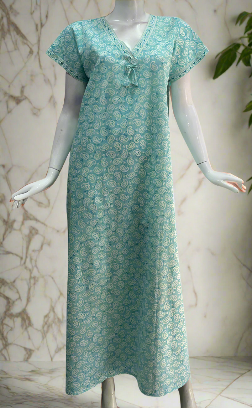 Green And Grey Printed Premium Cotton Lace Nighty | Free Size | Chest Width 44″| Length 54″-56″