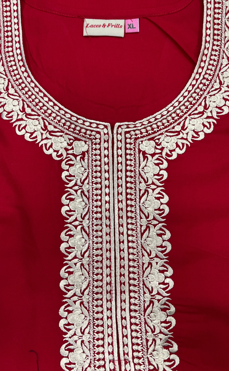 Red Embroidery Soft Cotton Nighty. Soft Breathable Fabric | Laces and Frills