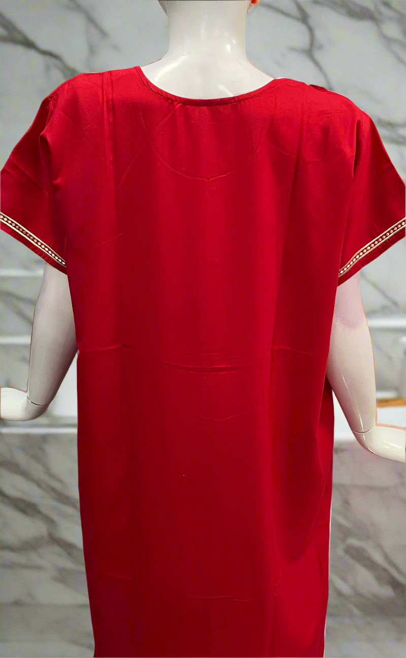 Red Embroidery Soft Cotton Nighty. Soft Breathable Fabric | Laces and Frills