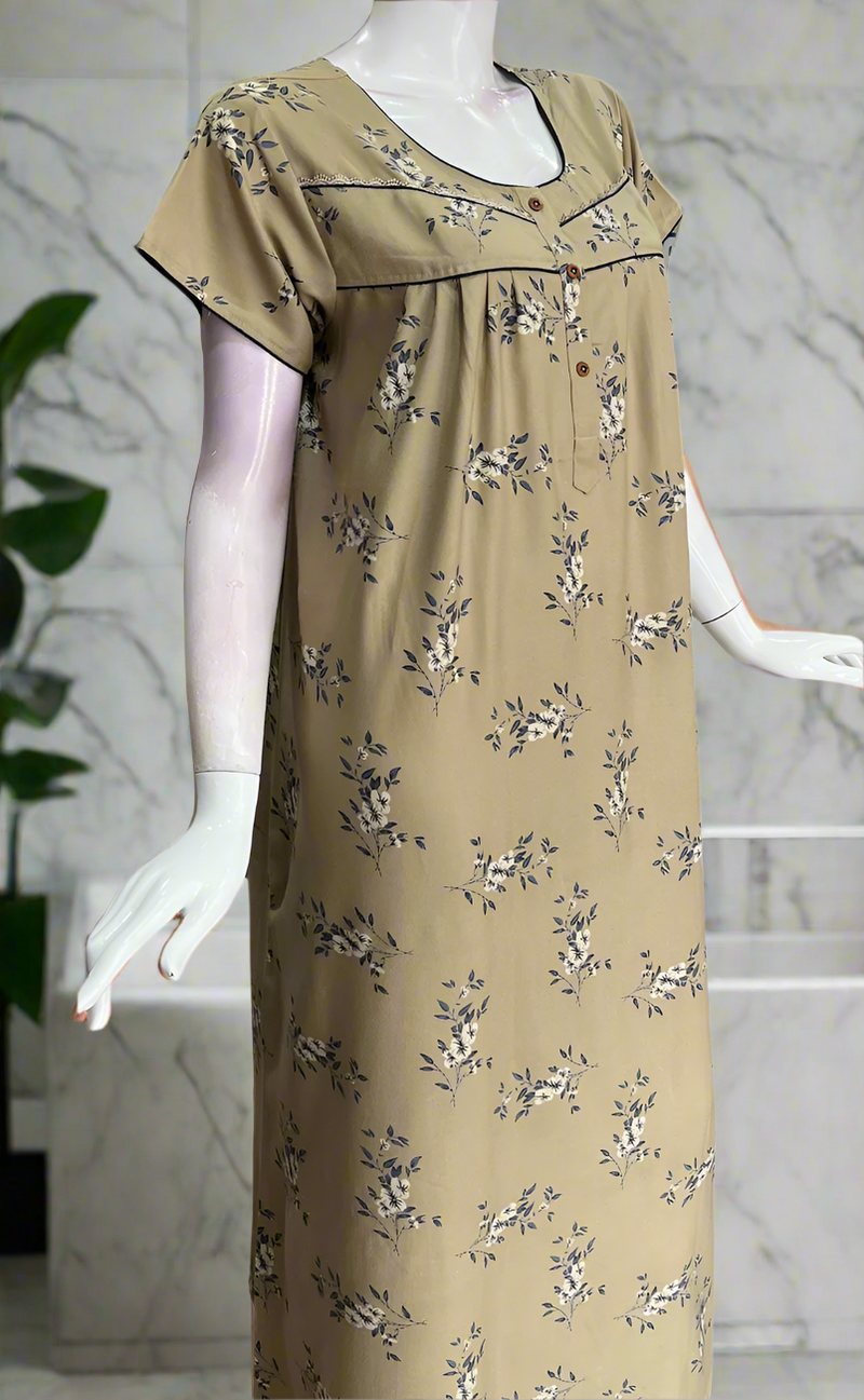 Beige Floral Spun Nighty. Flowy Spun Fabric | Laces and Frills