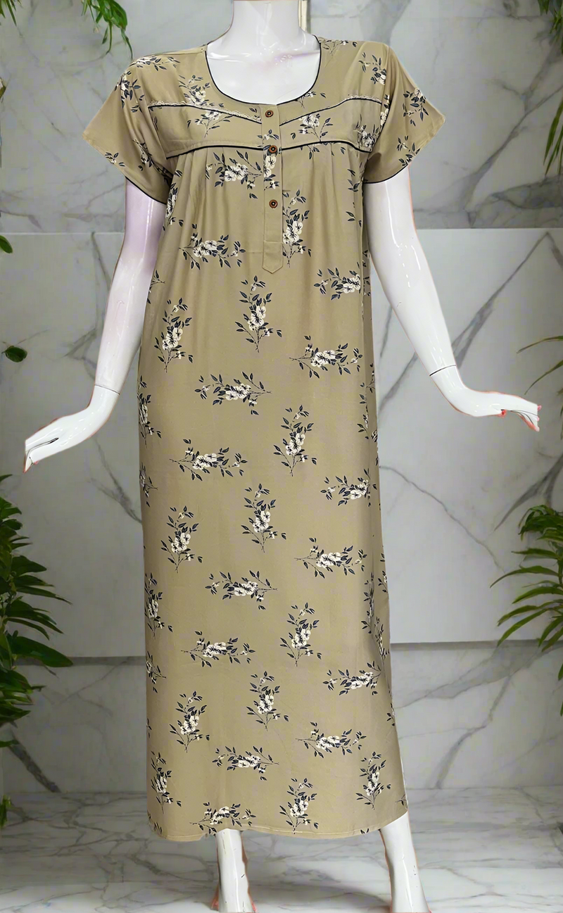 Beige Floral Spun Nighty. Flowy Spun Fabric | Laces and Frills